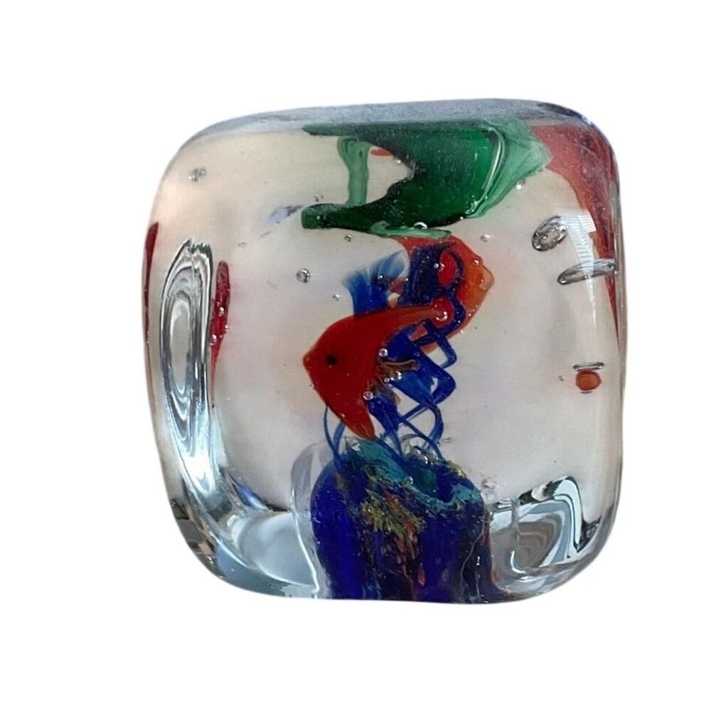 Hand Blown Art Glass Fish Paperweight Aquarium Cube Coastal Decor